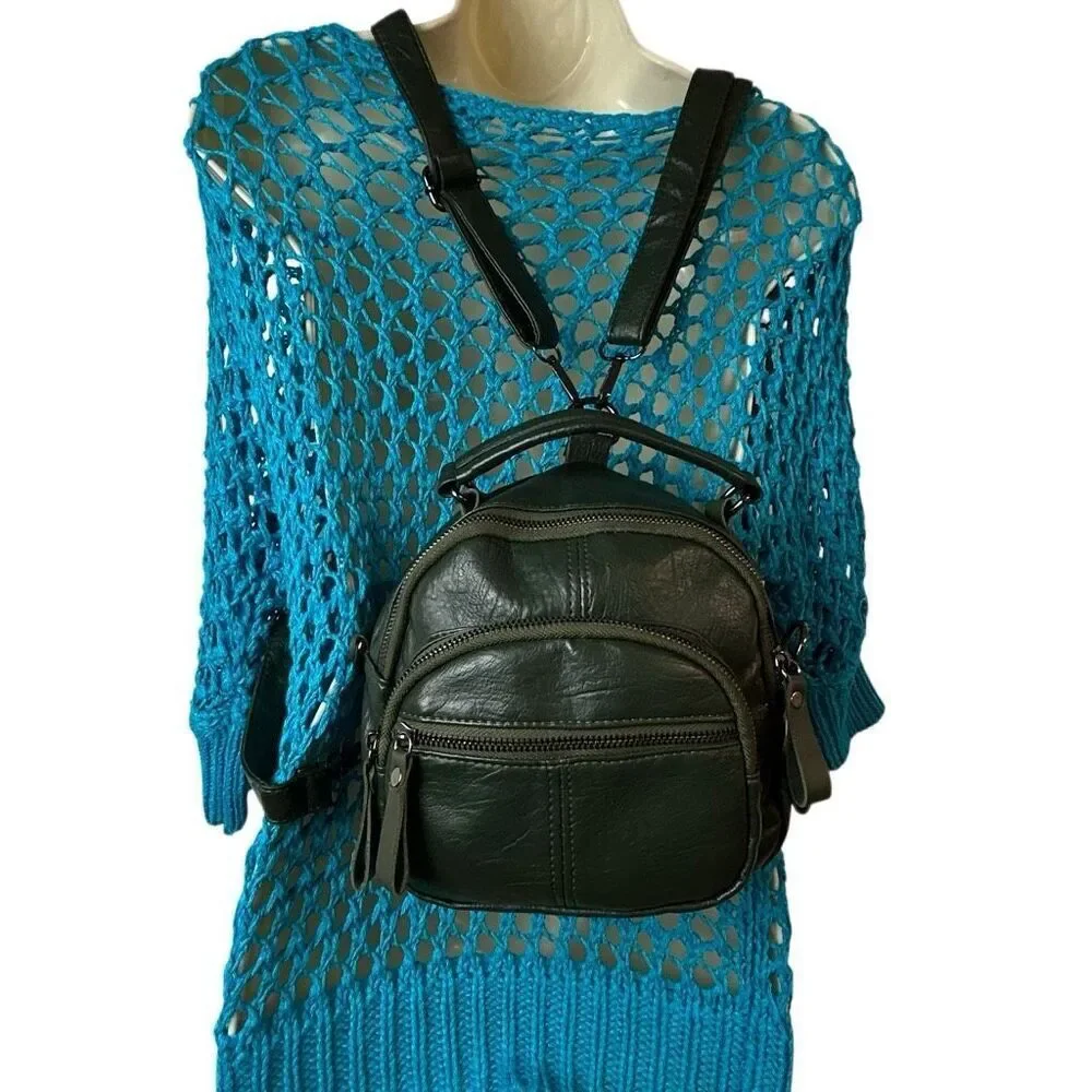 Mini Green Backpack Crossbody Convertible Bag Multi Pocket Faux Leather